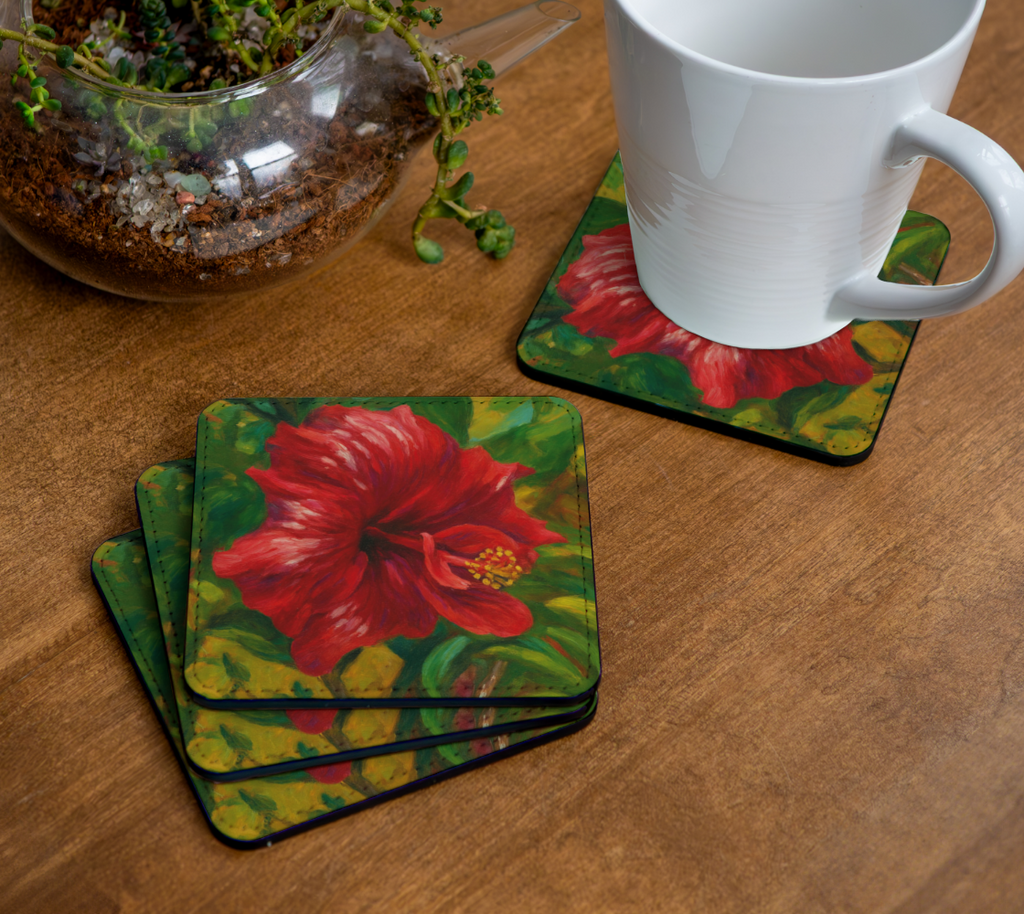 ABSTRACT RED HIBISCUS COASTERS